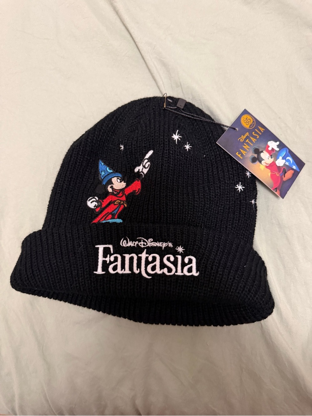Disney Fantasia Black Knit Beanie with Sorcerer Mickey Embroidery
